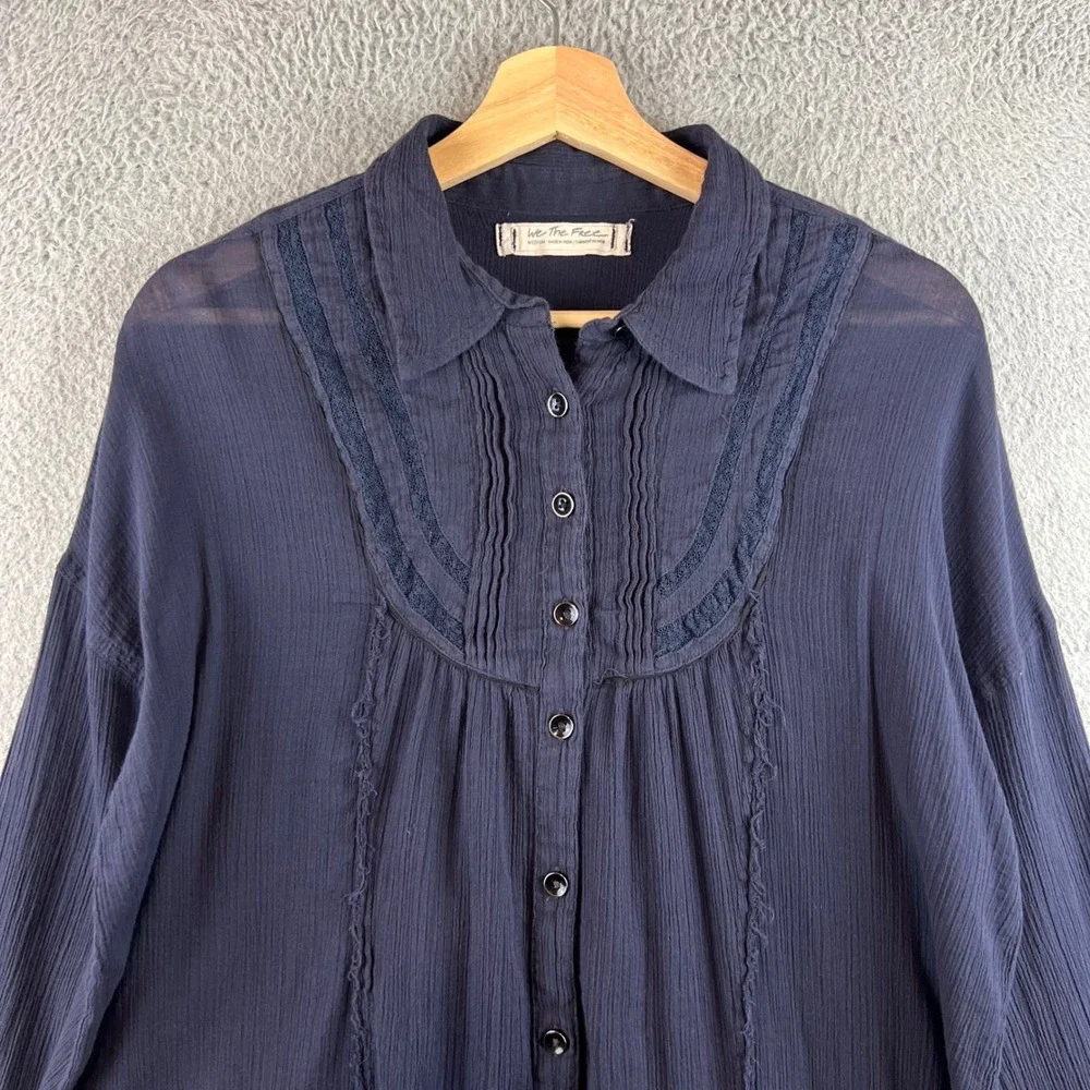 We The Free Free People Navy Blue Lace Pintuck Gauze Button Down Tunic Top M